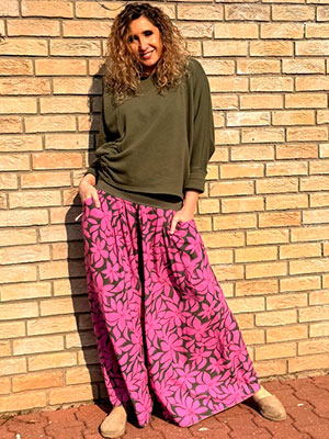 Kalhotová sukně dlouhá růžovo-khaki