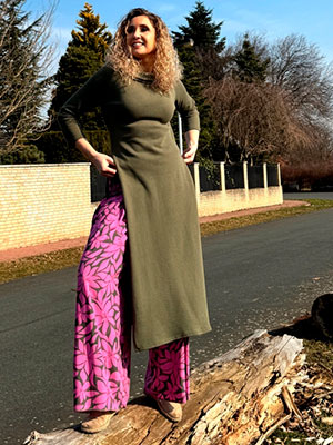 Kalhotová sukně dlouhá růžovo-khaki