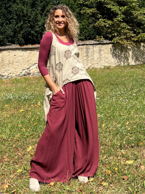 Kalhotová sukně dlouhá mahagon se lnem