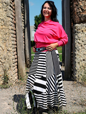 Polokolová sukně patchwork dlouhá pruhovaná