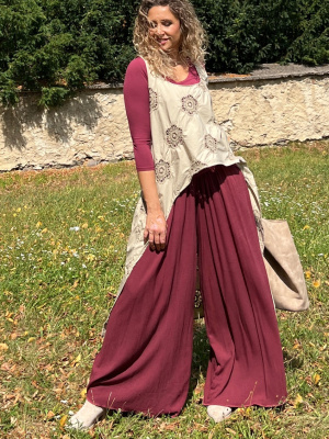Kalhotová sukně dlouhá mahagon se lnem