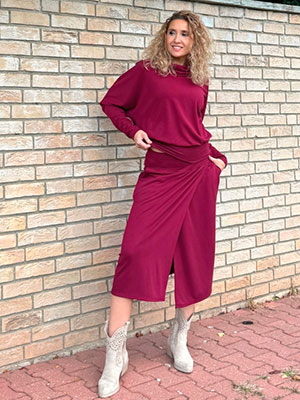 Překládaná midi sukně Burgundy