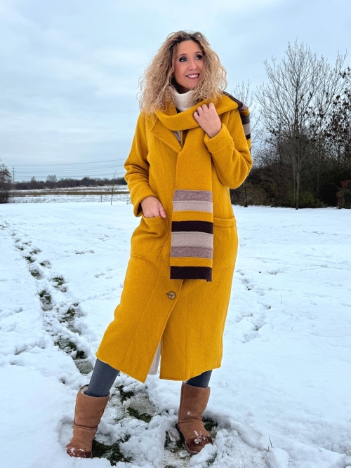 Zimní kabát pařená vlna hořčicová s šálou