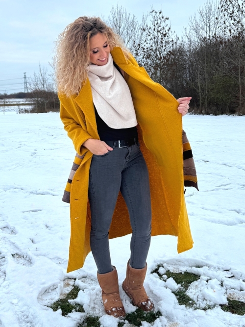 Zimní kabát pařená vlna hořčicová s šálou
