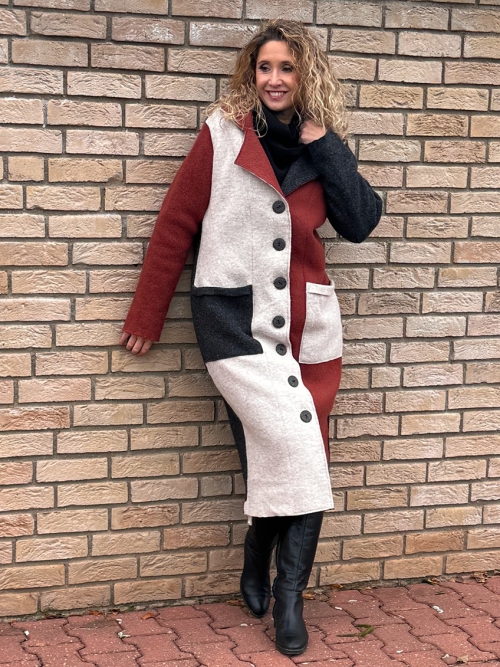 Zimní kabát pařená vlna barevný cik cak zateplený