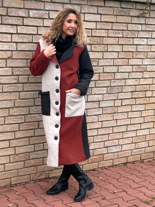 Zimní kabát pařená vlna barevný cik cak zateplený