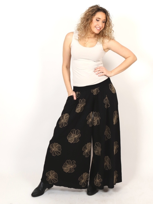 Kalhotová sukně dlouhá černá s květy