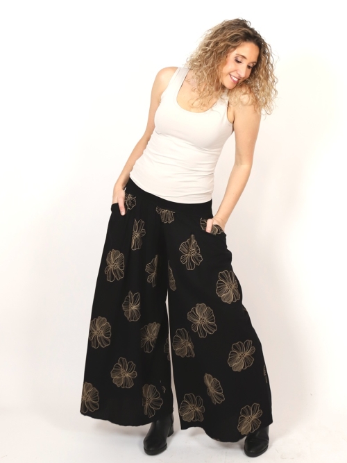 Kalhotová sukně dlouhá černá s květy