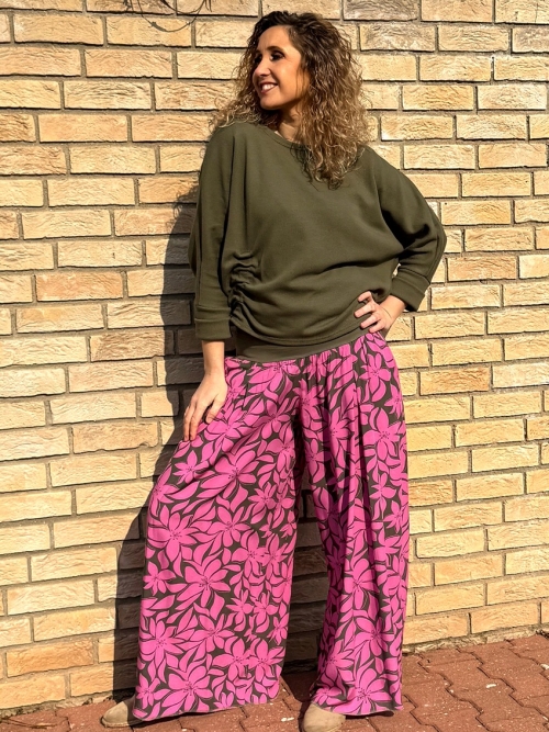 Kalhotová sukně dlouhá růžovo-khaki