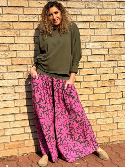 Kalhotová sukně dlouhá růžovo-khaki