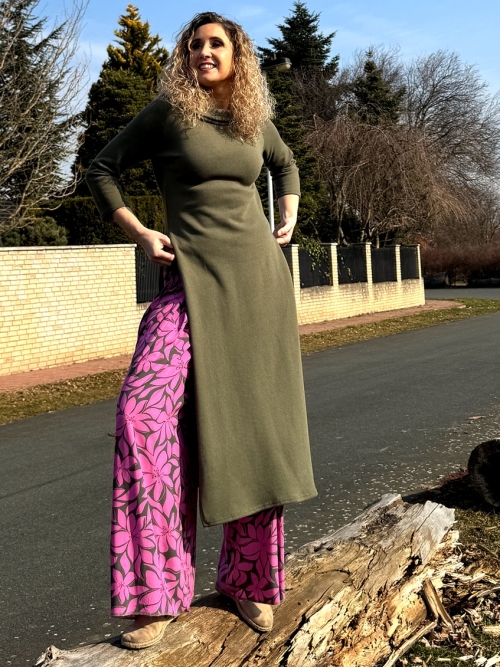 Kalhotová sukně dlouhá růžovo-khaki