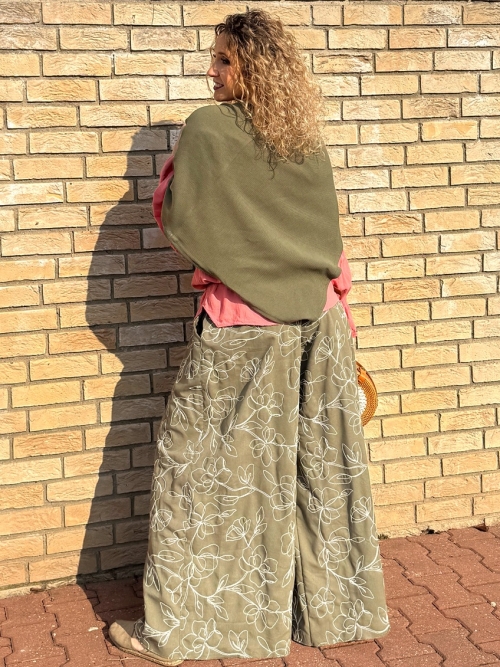 Kalhotová sukně dlouhá khaki s květy