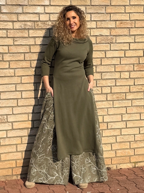 Kalhotová sukně dlouhá khaki s květy