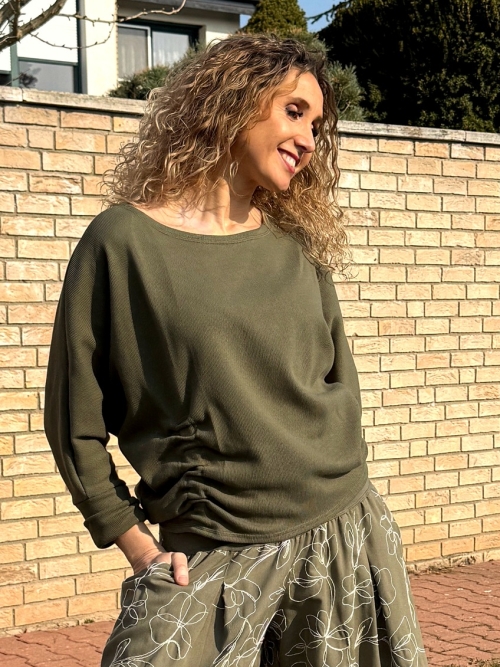 Svetřík bavlněný s nabíráním khaki