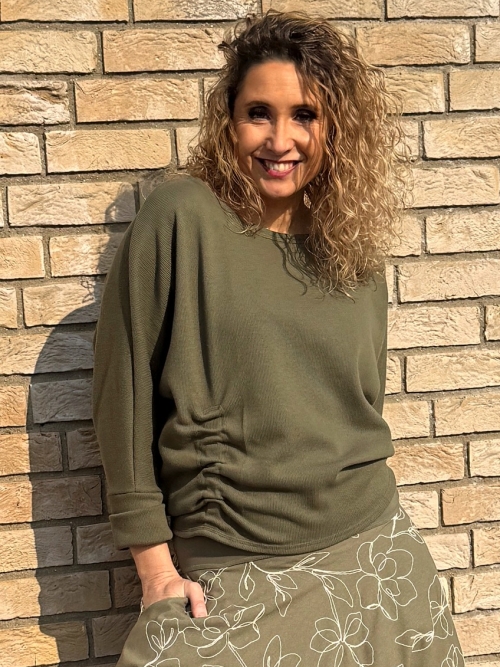 Svetřík bavlněný s nabíráním khaki