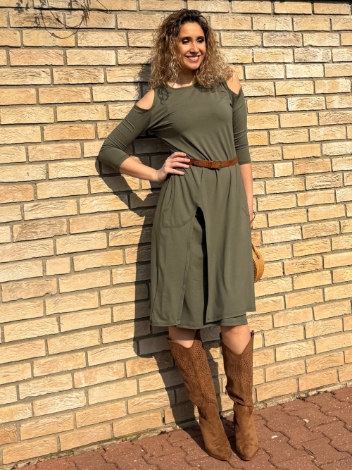 Zvonové dvoudílné šaty khaki