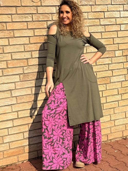 Kalhotová sukně dlouhá růžovo-khaki