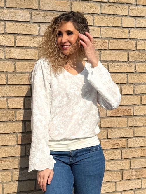 Volný top s pasem bílá madeira dlouhý rukáv