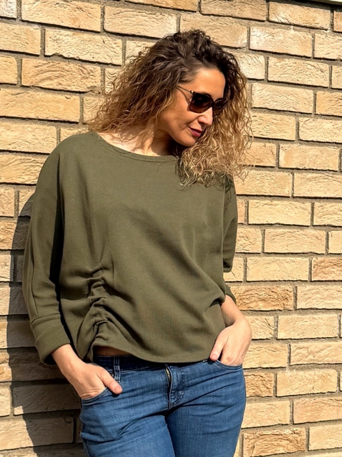 Svetřík bavlněný s nabíráním khaki