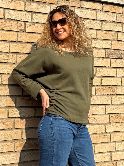 Svetřík bavlněný s nabíráním khaki