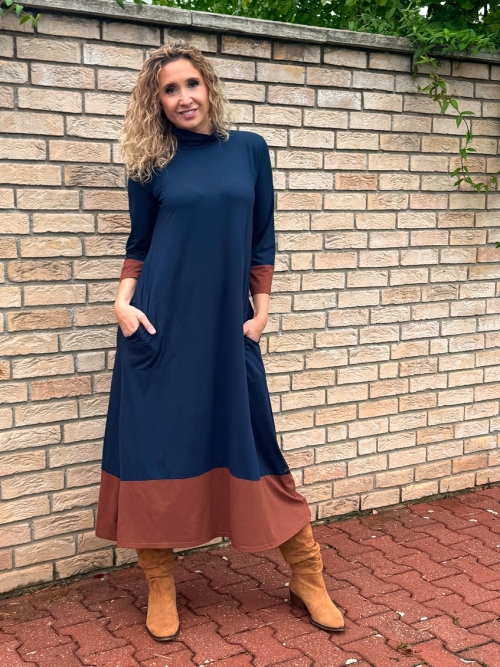 Zvonové šaty modro skořicové dlouhé