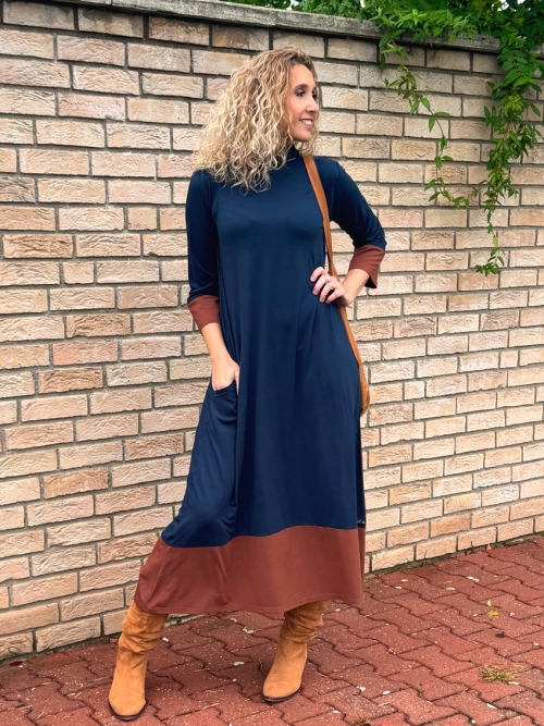 Zvonové šaty modro skořicové dlouhé