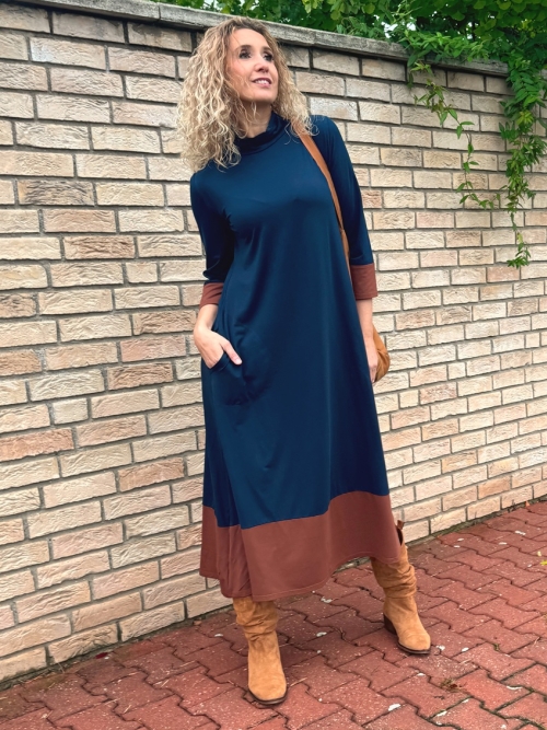 Zvonové šaty modro skořicové dlouhé