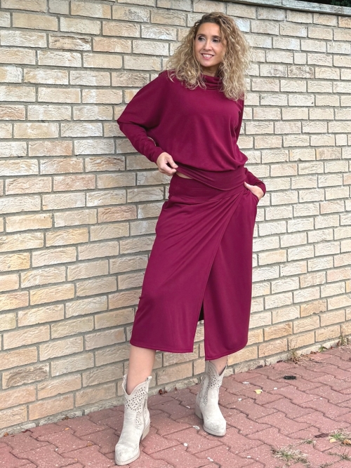 Překládaná midi sukně Burgundy
